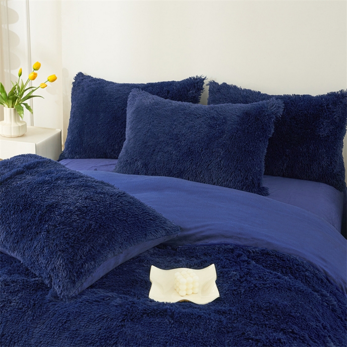 91家纺网 家纺一手货源 找家纺 品尚嘉家纺2025新款纯色水貂绒四件套长毛绒保暖套件藏青