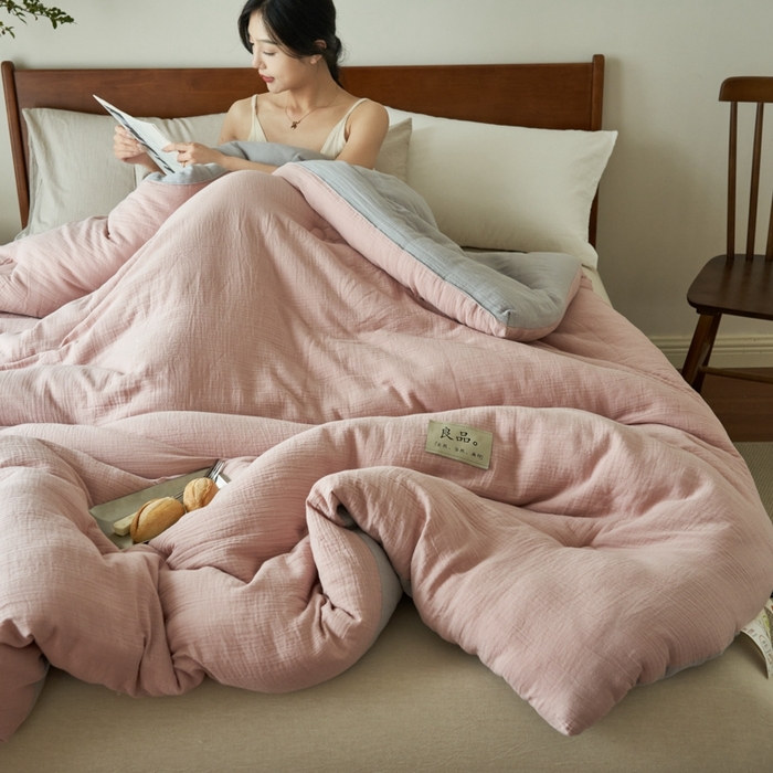91家纺网 家纺一手货源 找家纺 子由 2024新款双层皱皱纱大豆纤维冬被被子被芯 双层纱-浅豆沙
