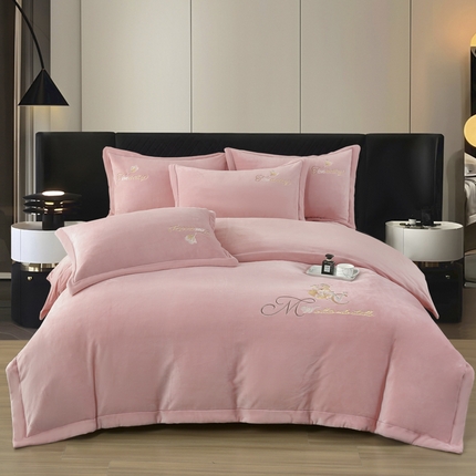 91家纺网 家纺一手货源 找家纺 OL家纺 2024新款宝宝绒床盖四件套 银杏叶绣-粉