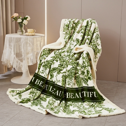 91家纺网 家纺一手货源 找家纺 2025新款A面欧棉绒B面北极绒复合毛毯盖毯毯子 浪漫花语 绿
