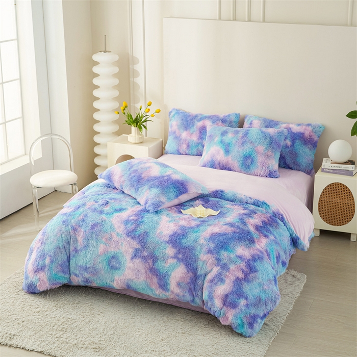 91家纺网 家纺一手货源 找家纺 品尚嘉家纺2025新款扎染水貂绒四件套长毛绒保暖套件扎染-兰彩虹