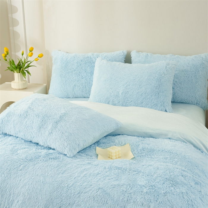 91家纺网 家纺一手货源 找家纺 品尚嘉家纺2025新款纯色水貂绒四件套长毛绒保暖套件水蓝