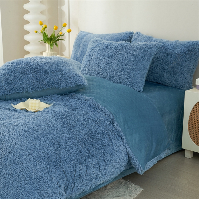 91家纺网 家纺一手货源 找家纺 品尚嘉家纺2025新款纯色水貂绒四件套长毛绒保暖套件雾兰