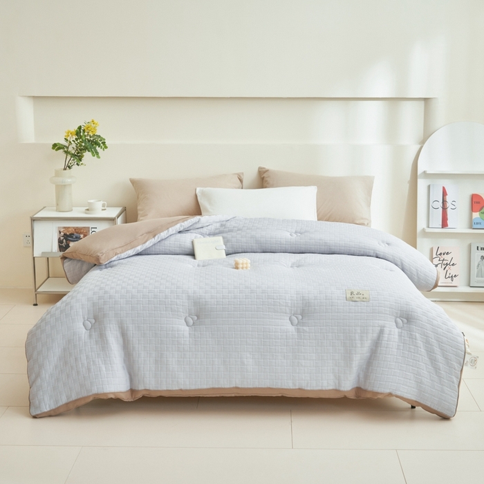 91家纺网 家纺一手货源 找家纺 2024新款b类针织良品格大豆纤维冬被被子被芯 良品格-灰+驼