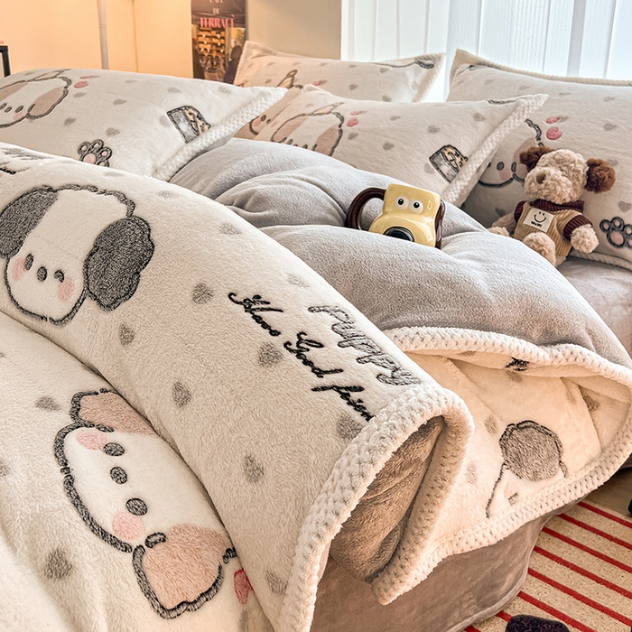 91家纺网 家纺一手货源 找家纺 倾慕家纺 2024新款加厚保暖6D立体雪花绒系列-四件套 礼物小狗