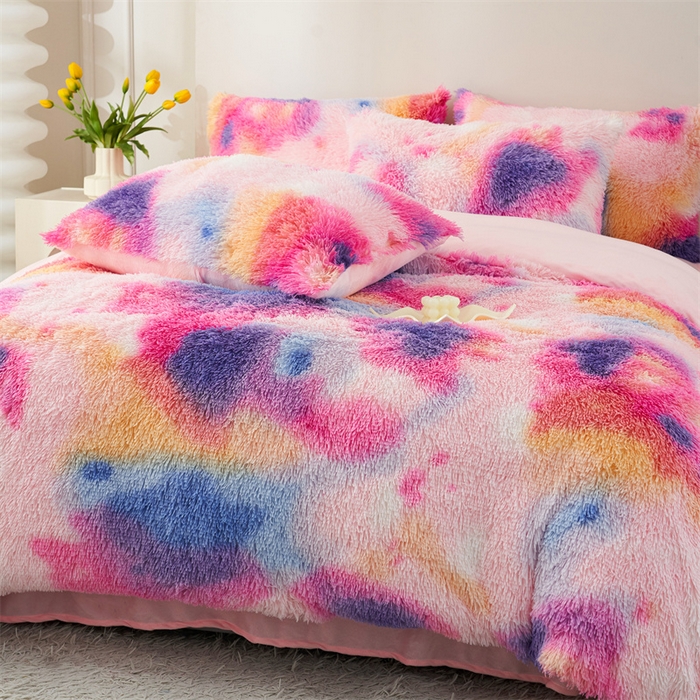 91家纺网 家纺一手货源 找家纺 品尚嘉家纺2025新款扎染水貂绒四件套长毛绒保暖套件扎染-新彩虹