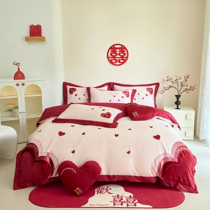 91家纺网 家纺一手货源 找家纺 （总）紫桐 Lila lndus 2025新款50s双股长绒棉居家系列婚庆四件套-心相印
