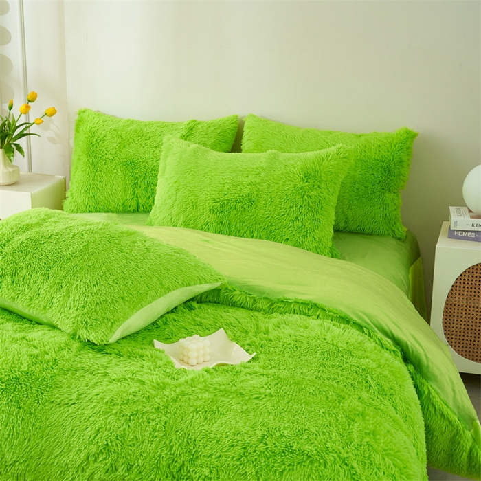 91家纺网 家纺一手货源 找家纺 品尚嘉家纺2025新款纯色水貂绒四件套长毛绒保暖套件荧光绿