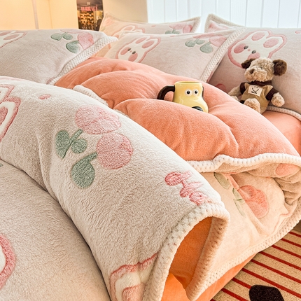 倾慕家纺 2024新款加厚保暖6D立体雪花绒系列-四件套 萌宠小兔