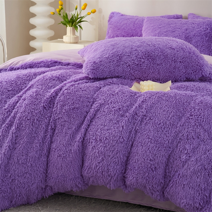 91家纺网 家纺一手货源 找家纺 品尚嘉家纺2025新款纯色水貂绒四件套长毛绒保暖套件浅紫