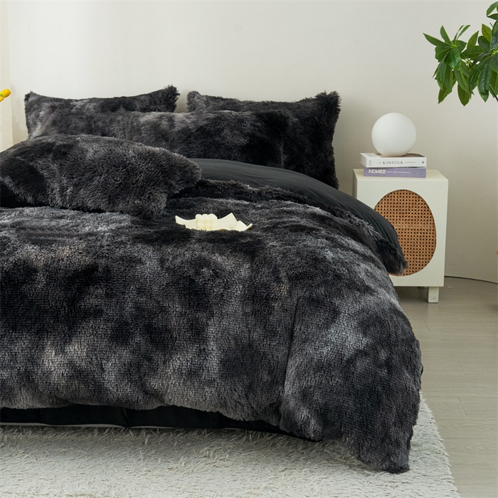 91家纺网 家纺一手货源 找家纺 品尚嘉家纺2025新款扎染水貂绒四件套长毛绒保暖套件扎染-黑色