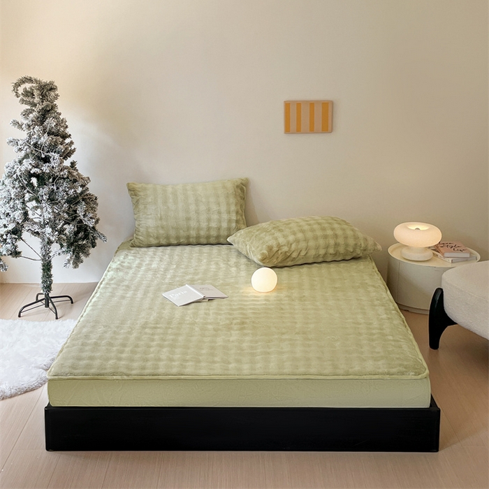 91家纺网 家纺一手货源 找家纺 欧邦 新款泡泡绒仿兔毛牛奶绒床笠可搭配同款毛毯（外贸供货） 泡泡芥黄