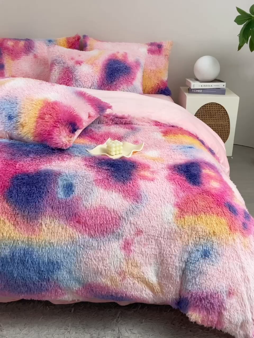 91家纺网 家纺一手货源 找家纺 品尚嘉家纺2025新款扎染水貂绒四件套长毛绒保暖套件扎染-新彩虹