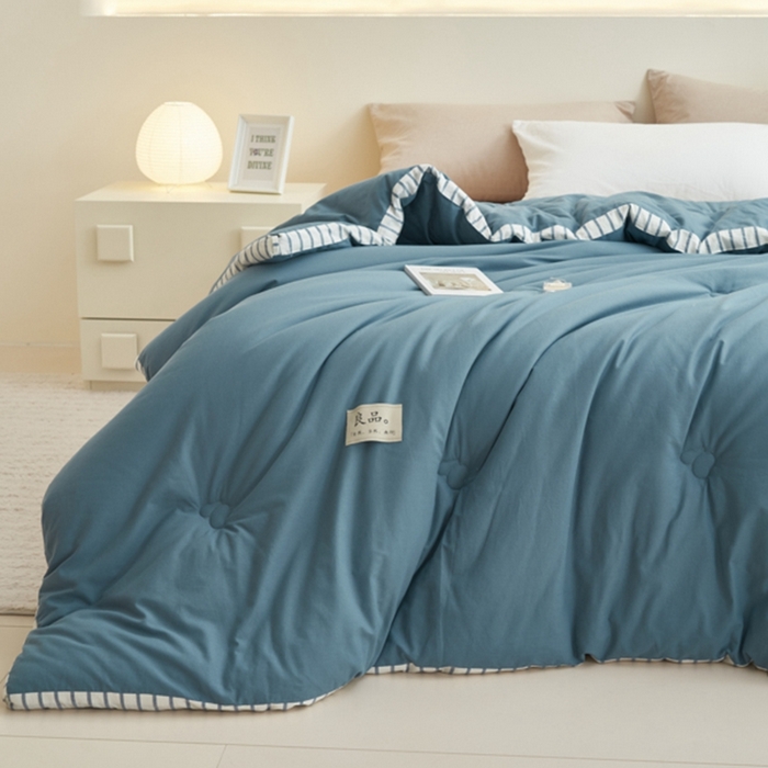 91家纺网 家纺一手货源 找家纺 2024新款b类简约条纹立体大豆纤维冬被被子被芯 条纹立体-黛蓝