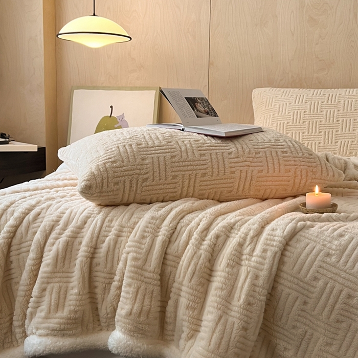 91家纺网 家纺一手货源 找家纺 欧邦 新款提花舒棉绒羊羔绒毛毯（外贸供货） 暖米杏