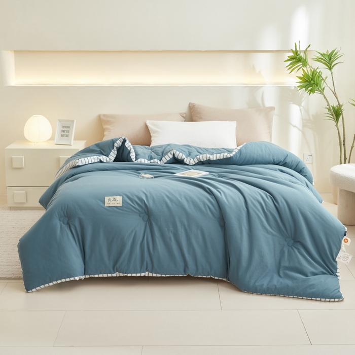 91家纺网 家纺一手货源 找家纺 2024新款b类简约条纹立体大豆纤维冬被被子被芯 条纹立体-黛蓝