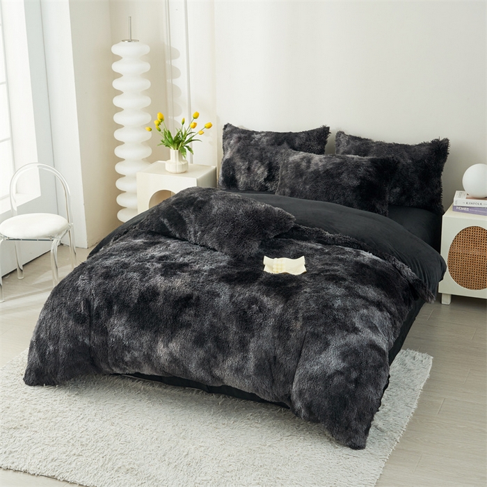 91家纺网 家纺一手货源 找家纺 品尚嘉家纺2025新款扎染水貂绒四件套长毛绒保暖套件扎染-黑色
