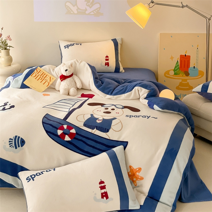 91家纺网 家纺一手货源 找家纺 星座家纺 2025新款大版卡通牛奶绒四件套 船长狗狗