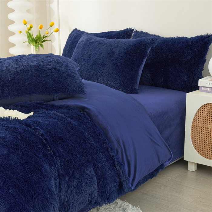 91家纺网 家纺一手货源 找家纺 品尚嘉家纺2025新款纯色水貂绒四件套长毛绒保暖套件藏青