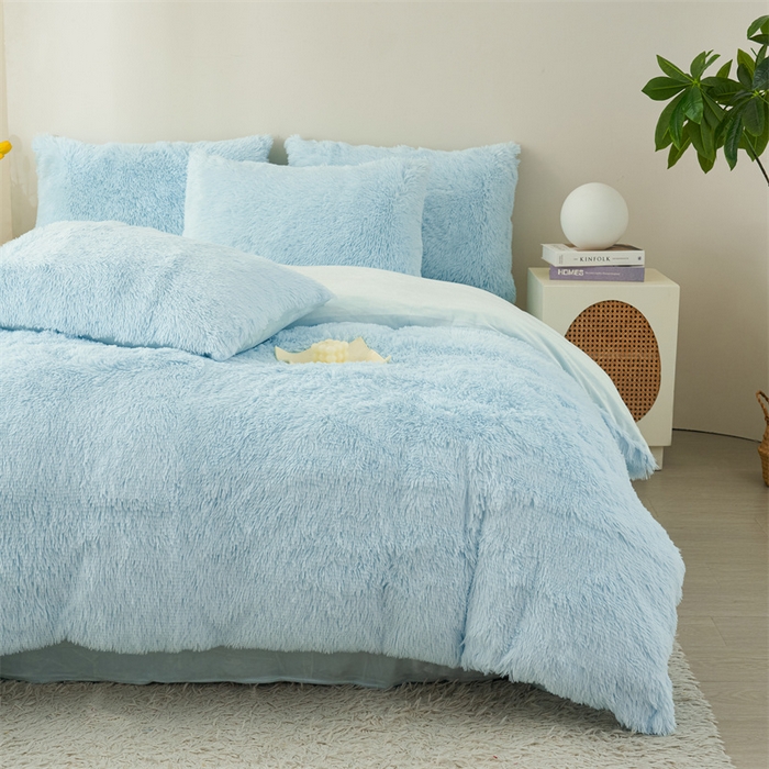 91家纺网 家纺一手货源 找家纺 品尚嘉家纺2025新款纯色水貂绒四件套长毛绒保暖套件水蓝