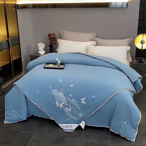 91家纺网 家纺一手货源 找家纺 恒鑫 2025新款全棉绣花桑蚕丝冬被春秋被拉链二合一子母被 青雾蓝