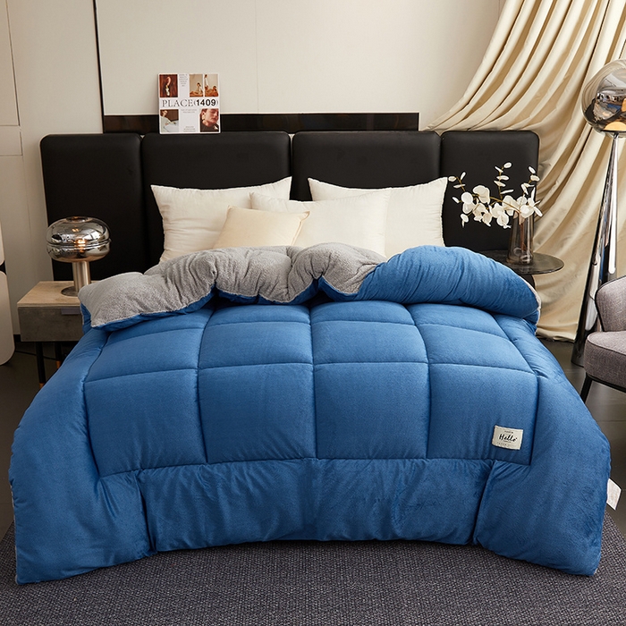 91家纺网 家纺一手货源 找家纺 梦恬佳 2024新款牛奶绒羊羔绒冬被被子被芯 蓝灰色