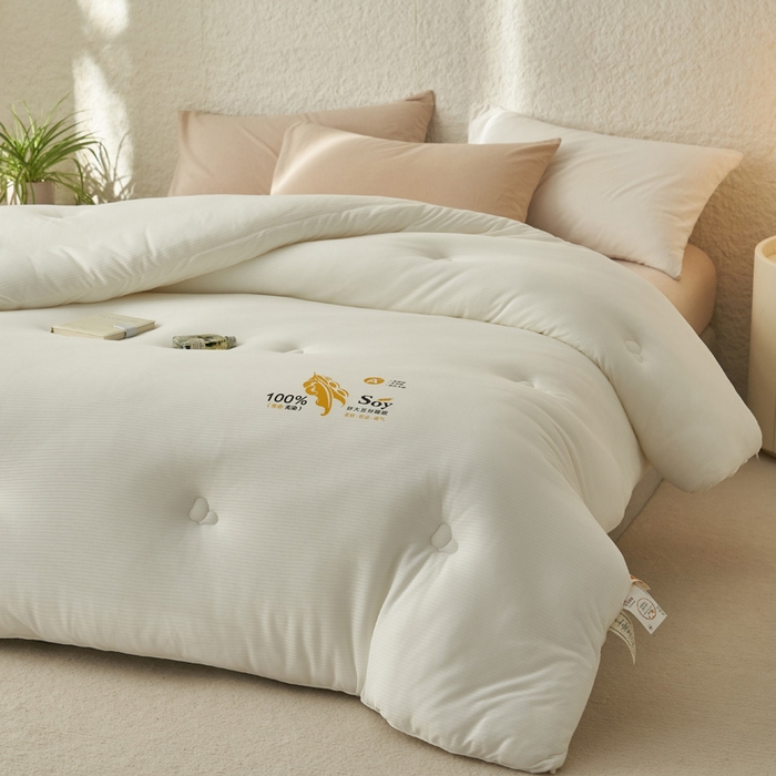 91家纺网 家纺一手货源 找家纺 2024新款b类针织简约条纹大豆冬被被子被芯 针织条纹-米白