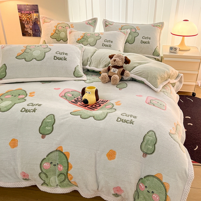 91家纺网 家纺一手货源 找家纺 倾慕家纺 2024新款加厚保暖6D立体雪花绒系列-四件套 绿色小龙