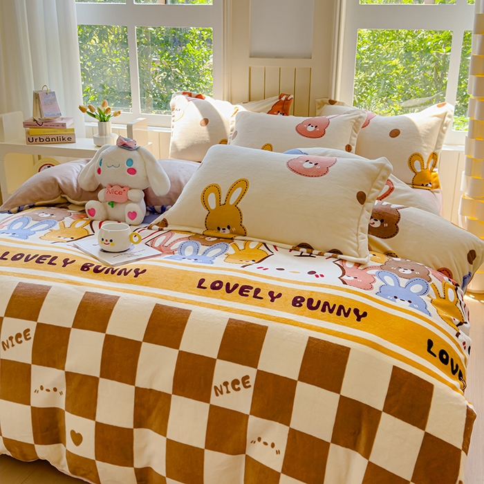 91家纺网 家纺一手货源 找家纺 狂想家 2025新款加厚牛奶绒卡通印花四件套 可爱兔