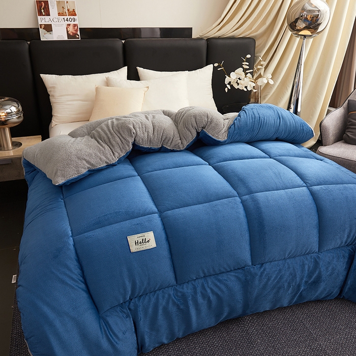 91家纺网 家纺一手货源 找家纺 梦恬佳 2024新款牛奶绒羊羔绒冬被被子被芯 蓝灰色