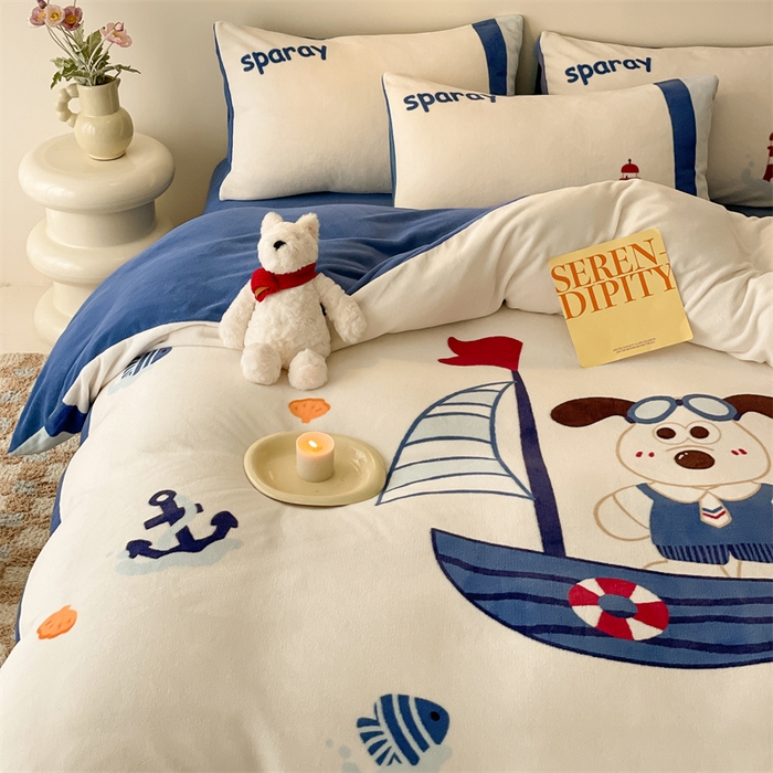 91家纺网 家纺一手货源 找家纺 星座家纺 2025新款大版卡通牛奶绒四件套 船长狗狗