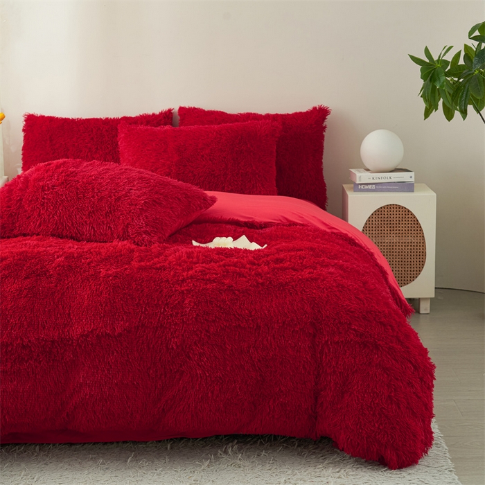 91家纺网 家纺一手货源 找家纺 品尚嘉家纺2025新款纯色水貂绒四件套长毛绒保暖套件大红