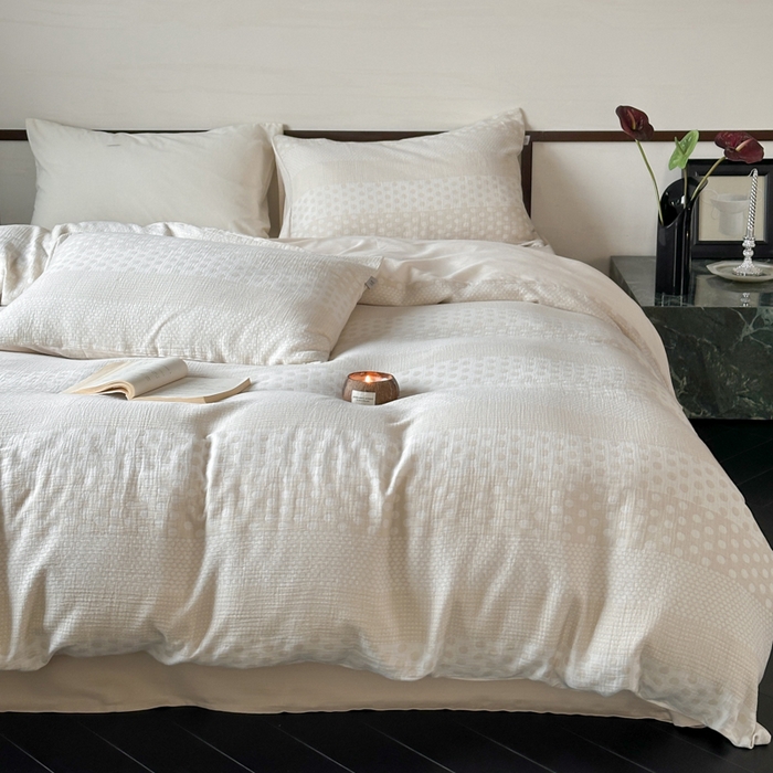 91家纺网 家纺一手货源 找家纺 玛奇朵 2024新品韩国A类色织简约双面波点提花双层皱皱纱-波尔卡舞曲 波尔卡舞曲-杏