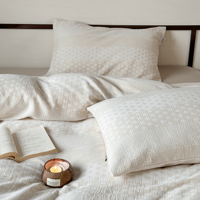 91家纺网 家纺一手货源 找家纺 玛奇朵 2024新品韩国A类色织简约双面波点提花双层皱皱纱-波尔卡舞曲 波尔卡舞曲-杏