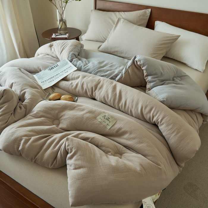 91家纺网 家纺一手货源 找家纺 子由 2024新款双层皱皱纱大豆纤维冬被被子被芯 双层纱-驼+灰