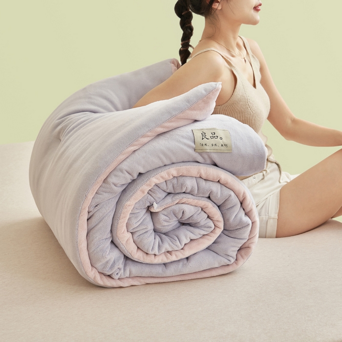 91家纺网 家纺一手货源 找家纺 2024新款双面牛奶绒德绒拼色冬被四件套 德绒拼色-浅紫