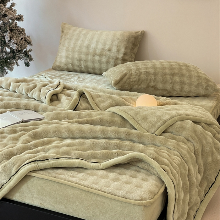 91家纺网 家纺一手货源 找家纺 欧邦 新款泡泡绒仿兔毛牛奶绒床笠可搭配同款毛毯（外贸供货） 泡泡芥黄