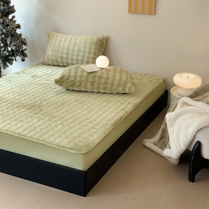 91家纺网 家纺一手货源 找家纺 欧邦 新款泡泡绒仿兔毛牛奶绒床笠可搭配同款毛毯（外贸供货） 泡泡芥黄