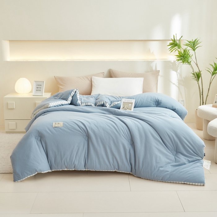 91家纺网 家纺一手货源 找家纺 2024新款b类简约条纹立体大豆纤维冬被被子被芯 条纹立体-浅蓝