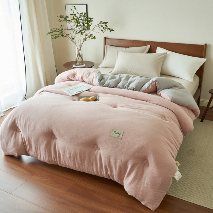 91家纺网 家纺一手货源 找家纺 子由 2024新款双层皱皱纱大豆纤维冬被被子被芯 双层纱-浅豆沙