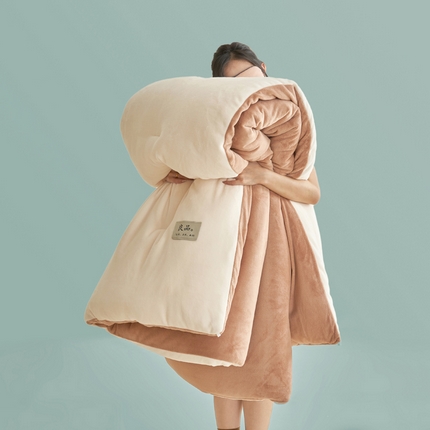 2024新款双面牛奶绒德绒拼色冬被四件套 德绒拼色-椰白