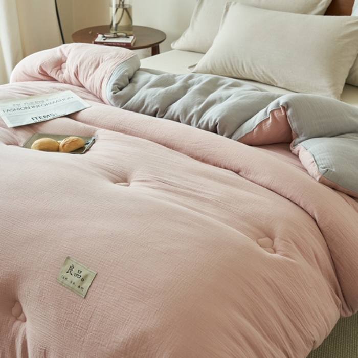 91家纺网 家纺一手货源 找家纺 子由 2024新款双层皱皱纱大豆纤维冬被被子被芯 双层纱-浅豆沙