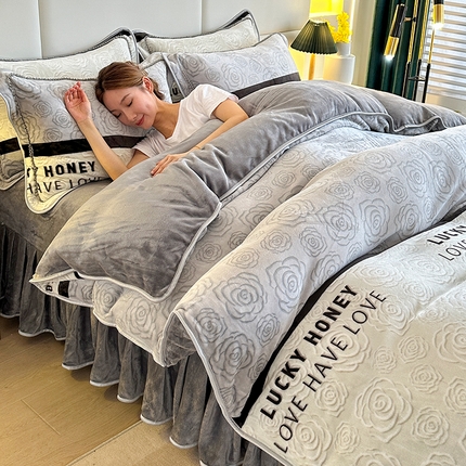 雨洋 2025新款牛奶绒低克重吸湿透气印花床裙四件套 素色主义-灰