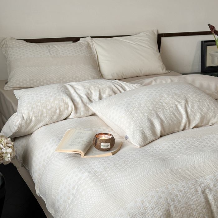 91家纺网 家纺一手货源 找家纺 玛奇朵 2024新品韩国A类色织简约双面波点提花双层皱皱纱-波尔卡舞曲 波尔卡舞曲-杏