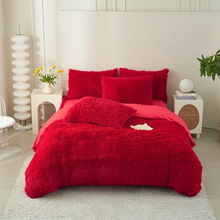 品尚嘉家纺2025新款纯色水貂绒四件套长毛绒保暖套件大红