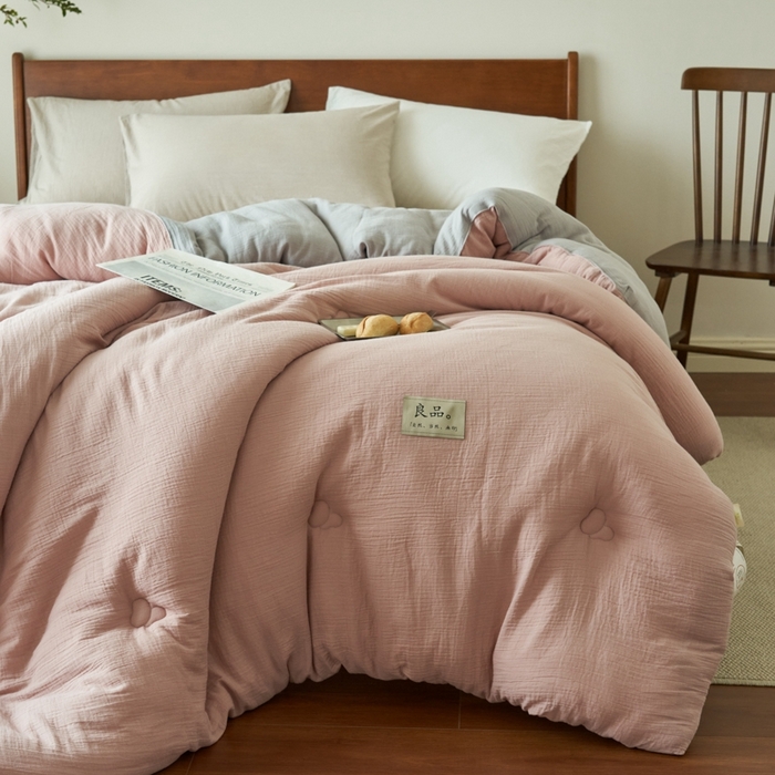 91家纺网 家纺一手货源 找家纺 子由 2024新款双层皱皱纱大豆纤维冬被被子被芯 双层纱-浅豆沙