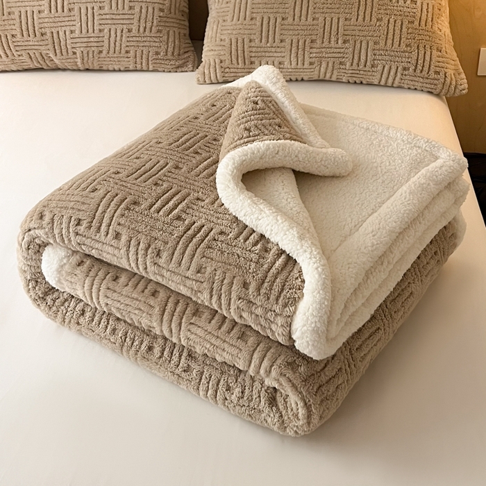 91家纺网 家纺一手货源 找家纺 欧邦 新款提花舒棉绒羊羔绒毛毯（外贸供货） 深卡其