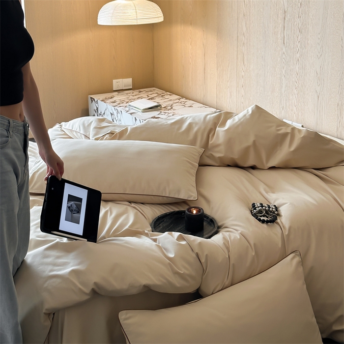 91家纺网 家纺一手货源 找家纺 三味舒屋 2024秋冬美拉德色系50s全棉磨毛四件套-棚拍详情图 曲奇