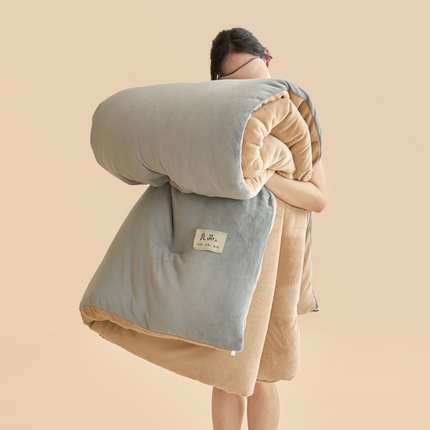 2024新款双面牛奶绒德绒拼色冬被四件套 德绒拼色-浅灰