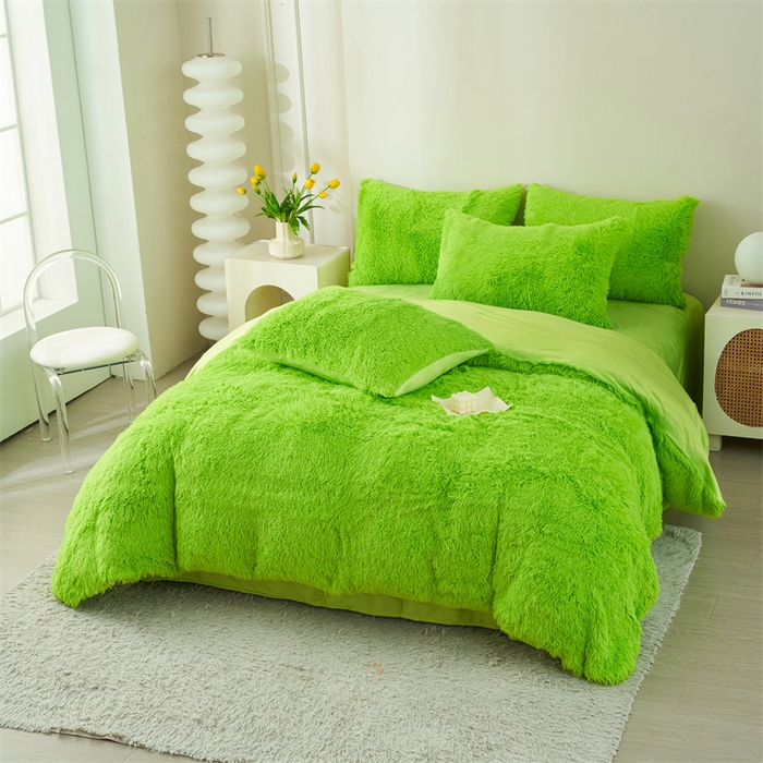 91家纺网 家纺一手货源 找家纺 品尚嘉家纺2025新款纯色水貂绒四件套长毛绒保暖套件荧光绿